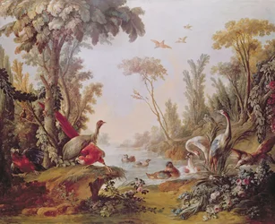 See mit Gänsen, Störchen, Papageien und Reihern, aus dem Salon von Gilles Demarteau (1722-76), ca. 1750-65